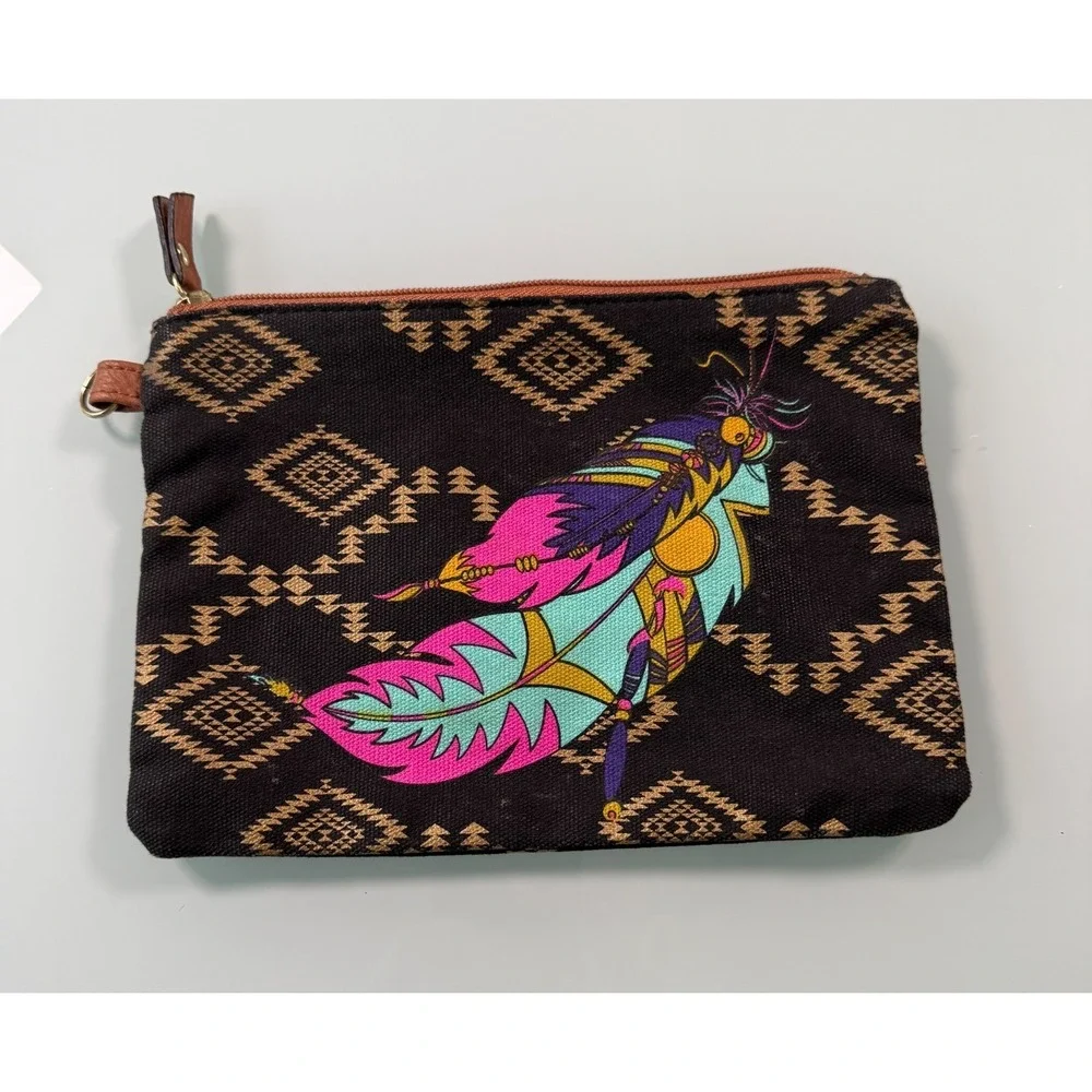 No‎ Boundries Zip Pouch Medium Aztec Design Feather Motif GrannieCore